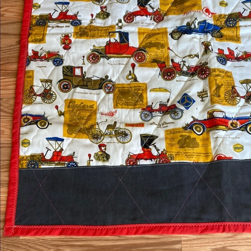 Vintage Car Print Quilt with Red and Black Border Cottagecore Retro Prairie